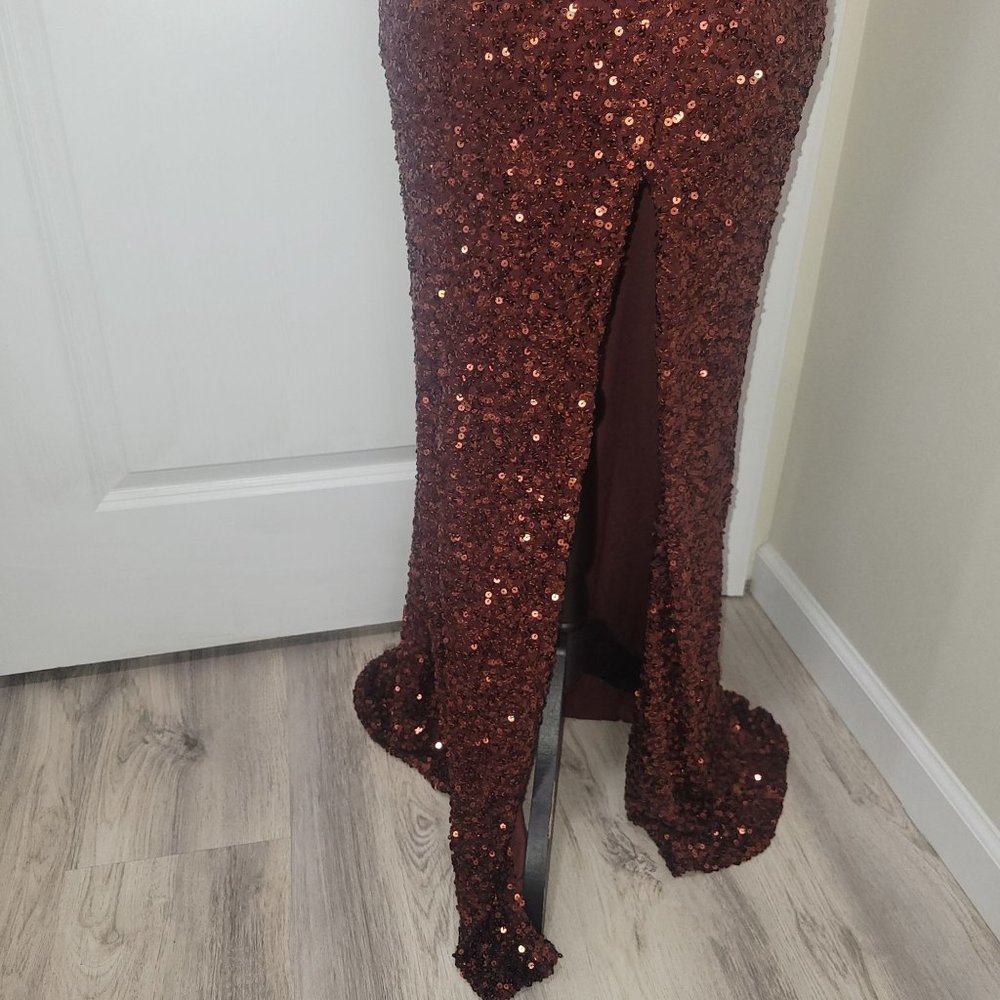 B. Darlin Sequin copper embellished split him mermaid style ball gown size 3/4 - Picture 7 of 16